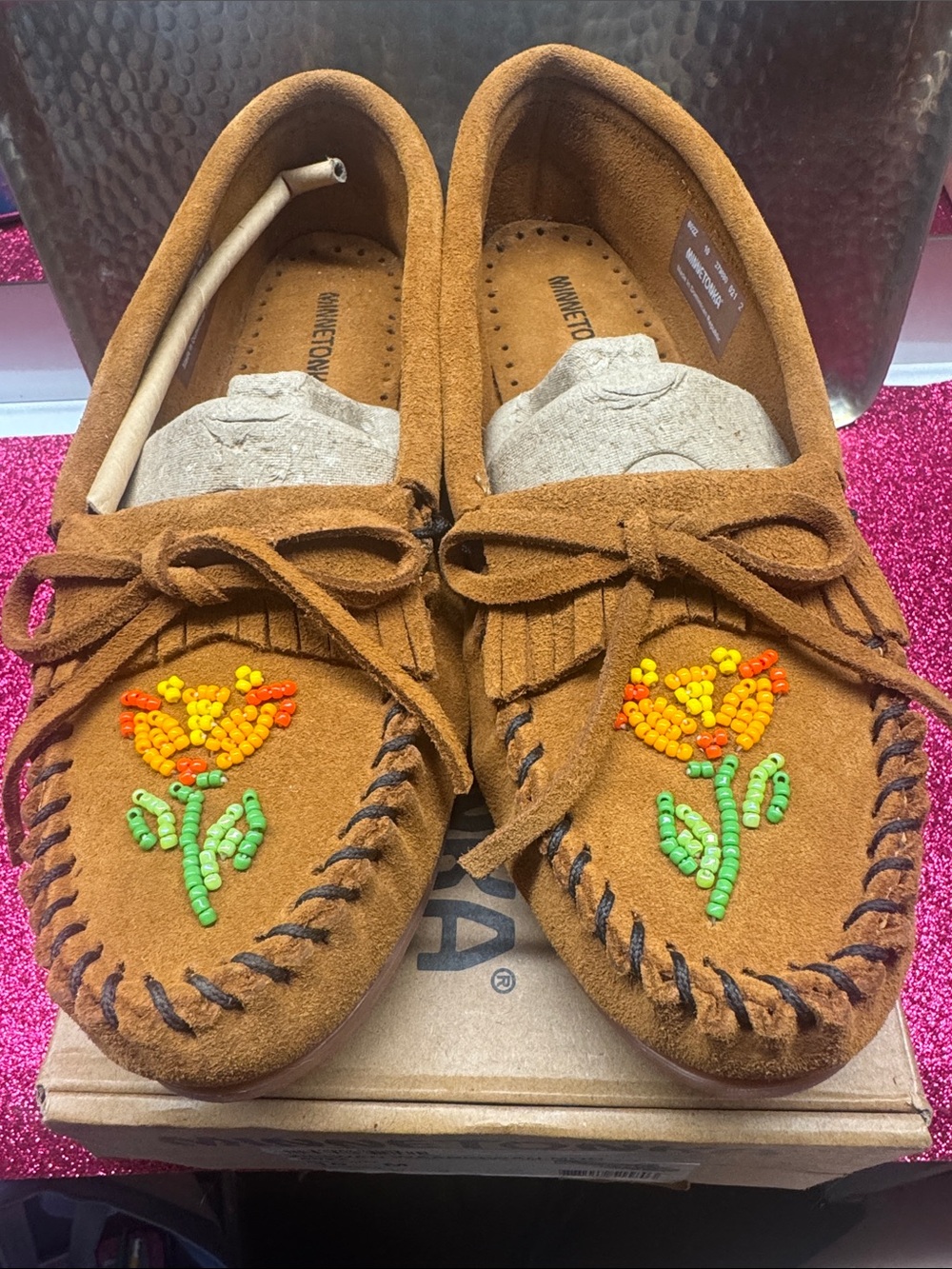 Minnetonka Brown Suede Beaded Floral Moccasins